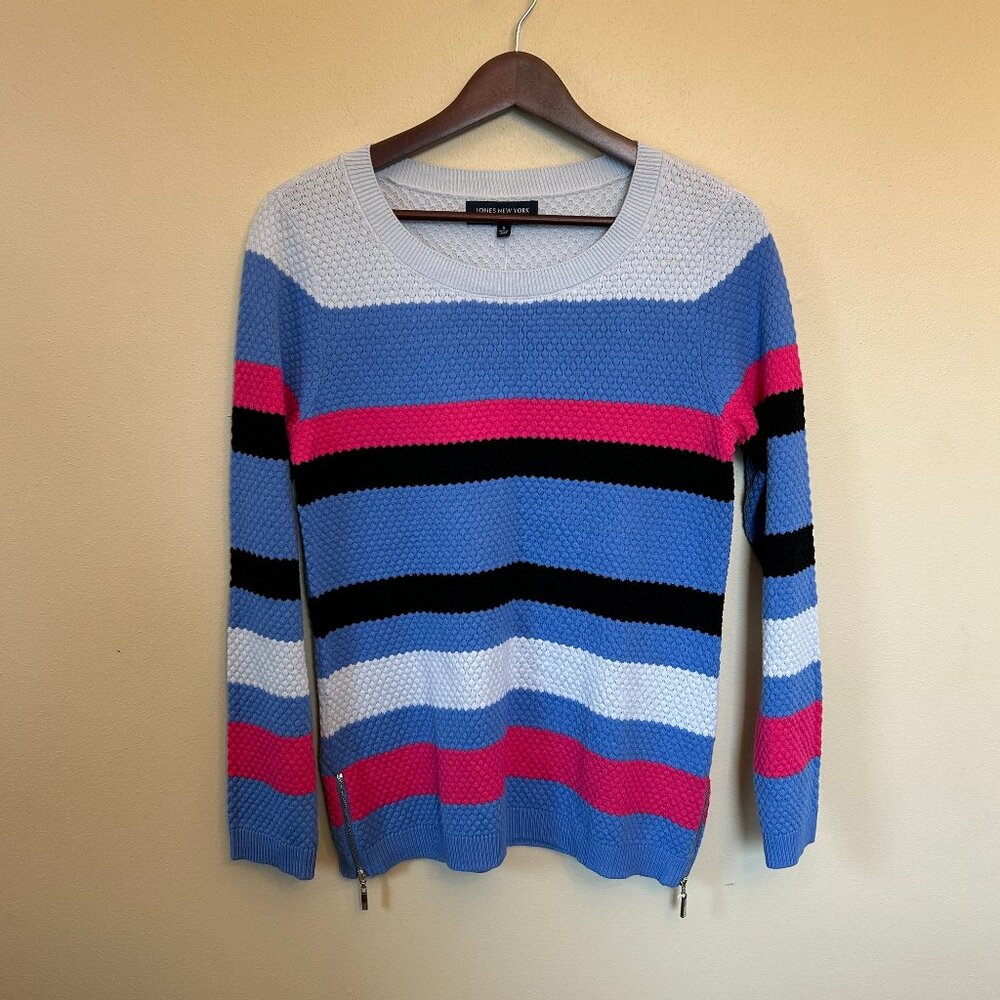 NWT Jones New York Women's Striped Cotton Blend Sweater Multicolor Zippers Small